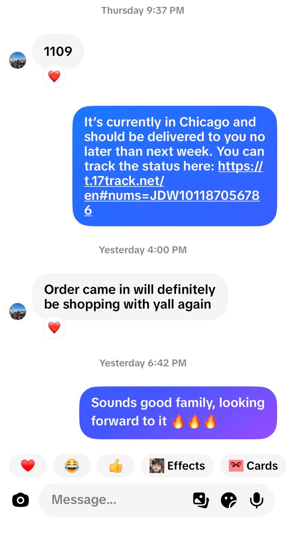 Customer message: 'Order came in will definitely be shopping with yall again'